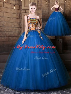 One Shoulder Floor Length Blue Quinceanera Gowns Tulle Sleeveless Pattern