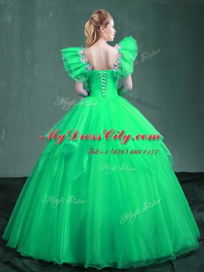 Dynamic Square Turquoise and Apple Green Sleeveless Organza Lace Up Ball Gown Prom Dress for Military Ball and Sweet 16 and Quinceanera