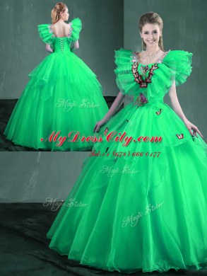 Dynamic Square Turquoise and Apple Green Sleeveless Organza Lace Up Ball Gown Prom Dress for Military Ball and Sweet 16 and Quinceanera