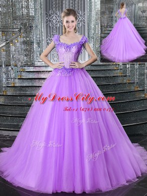Sweet Straps Lilac Tulle Lace Up Sweet 16 Quinceanera Dress Sleeveless With Brush Train Beading and Appliques