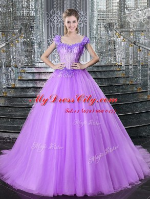Sweet Straps Lilac Tulle Lace Up Sweet 16 Quinceanera Dress Sleeveless With Brush Train Beading and Appliques