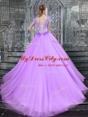 Sweet Straps Lilac Tulle Lace Up Sweet 16 Quinceanera Dress Sleeveless With Brush Train Beading and Appliques