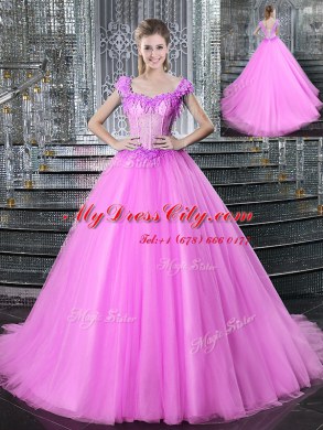 Straps Sleeveless With Train Beading and Appliques Lace Up 15 Quinceanera Dress with Fuchsia Brush Train