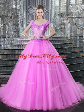 Straps Sleeveless With Train Beading and Appliques Lace Up 15 Quinceanera Dress with Fuchsia Brush Train