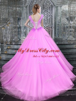 Straps Sleeveless With Train Beading and Appliques Lace Up 15 Quinceanera Dress with Fuchsia Brush Train