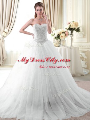 Sweetheart Sleeveless Brush Train Lace Up Quince Ball Gowns White Tulle