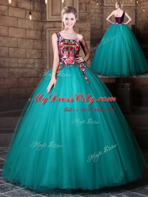 One Shoulder Floor Length Ball Gowns Sleeveless Teal Quinceanera Dress Lace Up