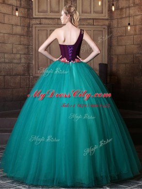 One Shoulder Floor Length Ball Gowns Sleeveless Teal Quinceanera Dress Lace Up