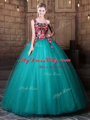 One Shoulder Floor Length Ball Gowns Sleeveless Teal Quinceanera Dress Lace Up