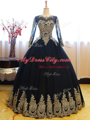 Scoop Appliques Ball Gown Prom Dress Navy Blue Lace Up Sleeveless Floor Length