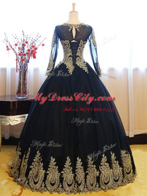 Scoop Appliques Ball Gown Prom Dress Navy Blue Lace Up Sleeveless Floor Length