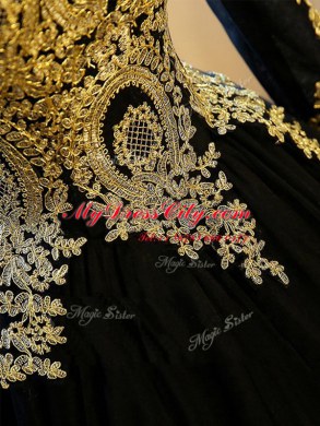 Scoop Appliques Ball Gown Prom Dress Navy Blue Lace Up Sleeveless Floor Length