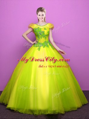 Fantastic Scoop Appliques 15th Birthday Dress Yellow Green Lace Up Short Sleeves Floor Length