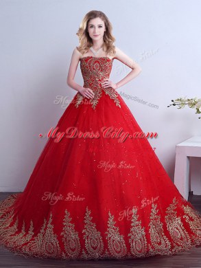 Elegant Sequins Red Sweet 16 Dress Strapless Sleeveless Court Train Lace Up
