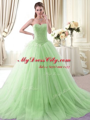 Apple Green Lace Up Sweetheart Beading Quinceanera Gown Tulle Sleeveless Brush Train