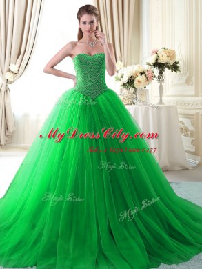 Apple Green Lace Up Sweetheart Beading Quinceanera Gown Tulle Sleeveless Brush Train