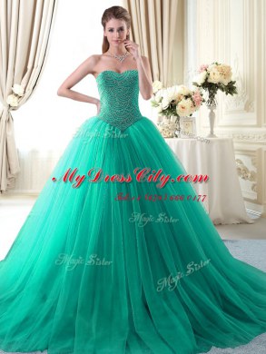 Apple Green Lace Up Sweetheart Beading Quinceanera Gown Tulle Sleeveless Brush Train