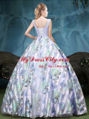 Excellent Straps Multi-color Ball Gowns Appliques and Pattern Sweet 16 Quinceanera Dress Lace Up Tulle Sleeveless Floor Length