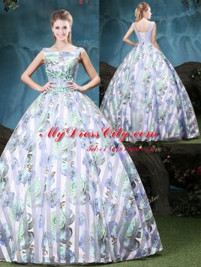 Excellent Straps Multi-color Ball Gowns Appliques and Pattern Sweet 16 Quinceanera Dress Lace Up Tulle Sleeveless Floor Length