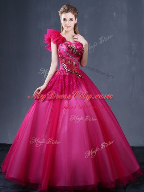 One Shoulder Floor Length Fuchsia Quinceanera Dresses Tulle Sleeveless Lace and Appliques and Ruffles