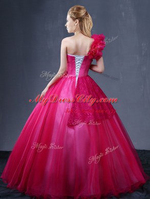 One Shoulder Floor Length Fuchsia Quinceanera Dresses Tulle Sleeveless Lace and Appliques and Ruffles