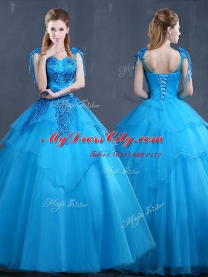 Ball Gowns Ball Gown Prom Dress Baby Blue V-neck Tulle Sleeveless Floor Length Lace Up