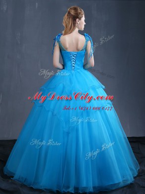 Ball Gowns Ball Gown Prom Dress Baby Blue V-neck Tulle Sleeveless Floor Length Lace Up