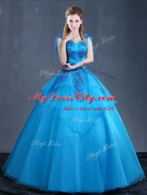 Ball Gowns Ball Gown Prom Dress Baby Blue V-neck Tulle Sleeveless Floor Length Lace Up