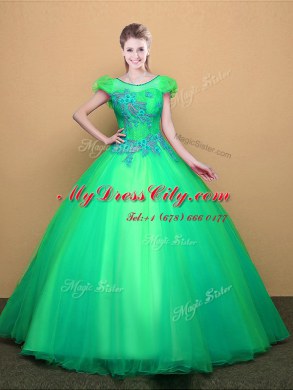 Scoop Turquoise Ball Gowns Appliques Vestidos de Quinceanera Lace Up Tulle Short Sleeves Floor Length