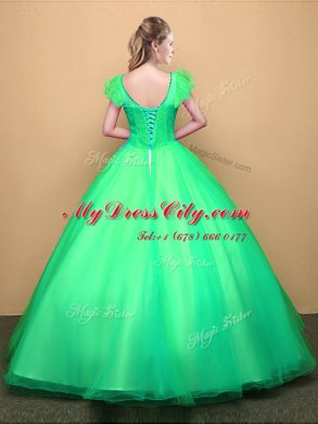 Scoop Turquoise Ball Gowns Appliques Vestidos de Quinceanera Lace Up Tulle Short Sleeves Floor Length