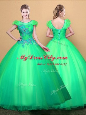 Scoop Turquoise Ball Gowns Appliques Vestidos de Quinceanera Lace Up Tulle Short Sleeves Floor Length