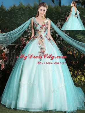Aqua Blue Vestidos de Quinceanera Military Ball and Sweet 16 and Quinceanera and For with Appliques V-neck Sleeveless Brush Train Lace Up