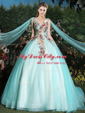 Aqua Blue Vestidos de Quinceanera Military Ball and Sweet 16 and Quinceanera and For with Appliques V-neck Sleeveless Brush Train Lace Up