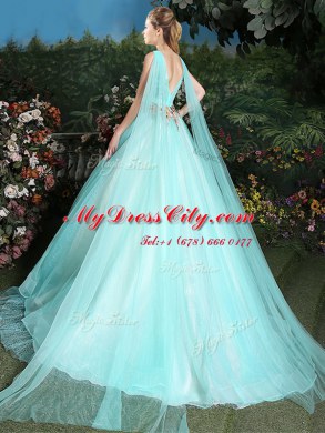 Aqua Blue Vestidos de Quinceanera Military Ball and Sweet 16 and Quinceanera and For with Appliques V-neck Sleeveless Brush Train Lace Up