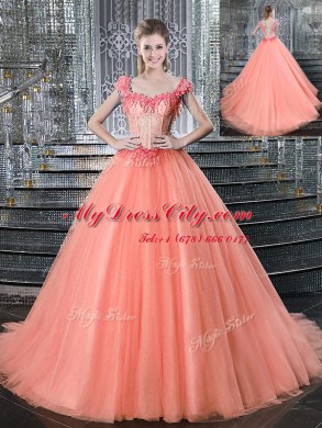 Amazing Straps Tulle Sleeveless With Train Sweet 16 Quinceanera Dress Brush Train and Beading