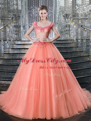 Amazing Straps Tulle Sleeveless With Train Sweet 16 Quinceanera Dress Brush Train and Beading