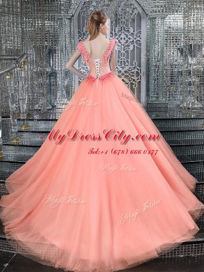 Amazing Straps Tulle Sleeveless With Train Sweet 16 Quinceanera Dress Brush Train and Beading