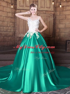 Scoop Turquoise Sleeveless Elastic Woven Satin Court Train Lace Up Sweet 16 Dresses for Military Ball and Sweet 16 and Quinceanera