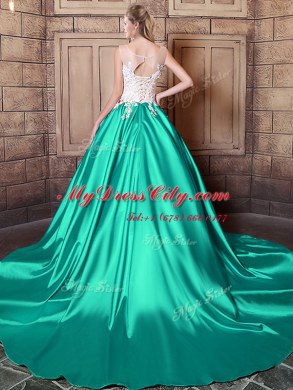 Scoop Turquoise Sleeveless Elastic Woven Satin Court Train Lace Up Sweet 16 Dresses for Military Ball and Sweet 16 and Quinceanera