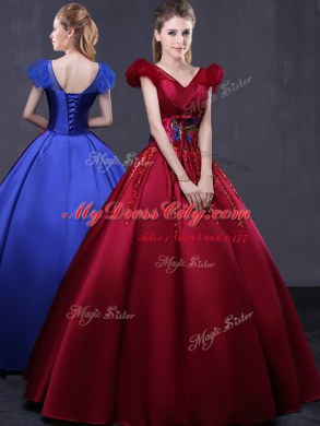 Floor Length Wine Red Quinceanera Dress Satin Cap Sleeves Appliques