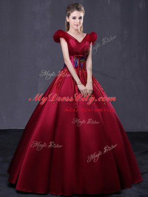 Floor Length Wine Red Quinceanera Dress Satin Cap Sleeves Appliques