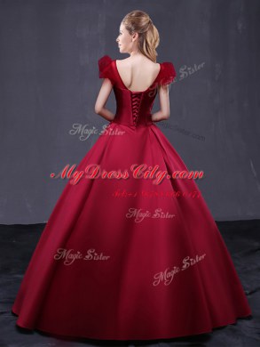 Floor Length Wine Red Quinceanera Dress Satin Cap Sleeves Appliques