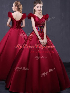 Floor Length Wine Red Quinceanera Dress Satin Cap Sleeves Appliques