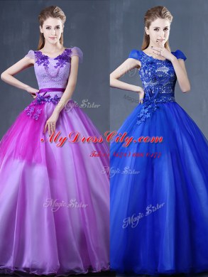 Super Floor Length Ball Gowns Short Sleeves Purple Ball Gown Prom Dress Lace Up