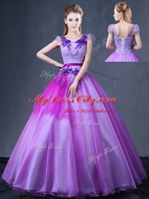 Super Floor Length Ball Gowns Short Sleeves Purple Ball Gown Prom Dress Lace Up