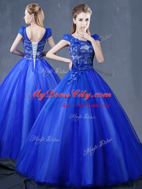Super Floor Length Ball Gowns Short Sleeves Purple Ball Gown Prom Dress Lace Up