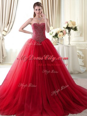 Beauteous Red Sleeveless Brush Train Beading With Train Quince Ball Gowns
