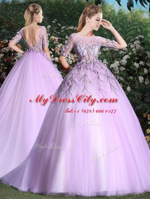 Great Lilac Vestidos de Quinceanera Military Ball and Sweet 16 and Quinceanera and For with Appliques Scoop Short Sleeves Brush Train Backless