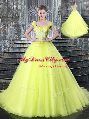 Great Straps Beading and Appliques Quinceanera Gown Yellow Lace Up Sleeveless With Brush Train