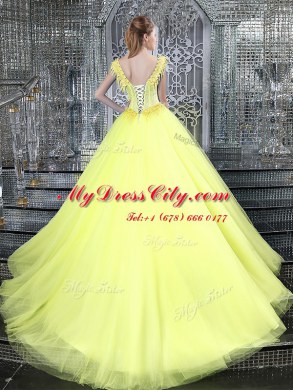 Great Straps Beading and Appliques Quinceanera Gown Yellow Lace Up Sleeveless With Brush Train